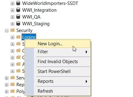 The Security folder is expanded, the Logins folder is selected, and from its right-click menu, New Login in selected.